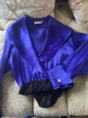 Kay Unger Royal Blue Satin Bodysuit with Black Lace Trim 75%silk